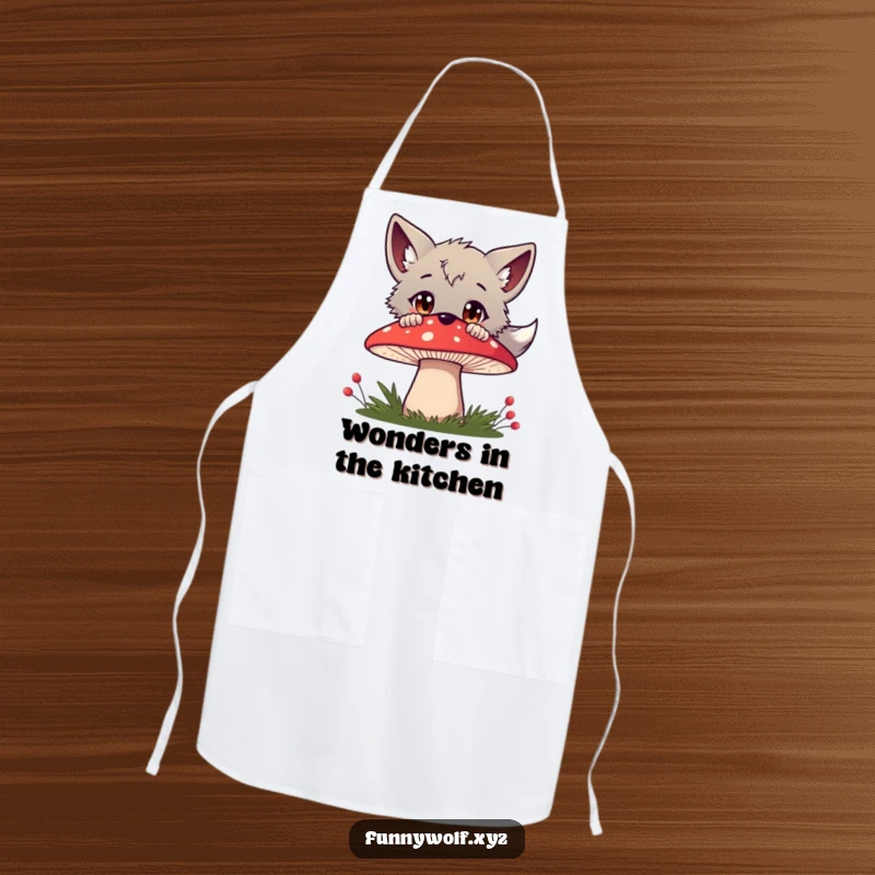 Funny wolf apron featuring a curious wolf peeking over a red mushroom, wide eyes full of discovery, ideal for kitchen fun.