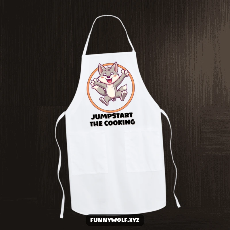 Funny wolf apron featuring an energetic wolf leaping through a hoop with a triumphant stance, perfect for humorous kitchen protection.
