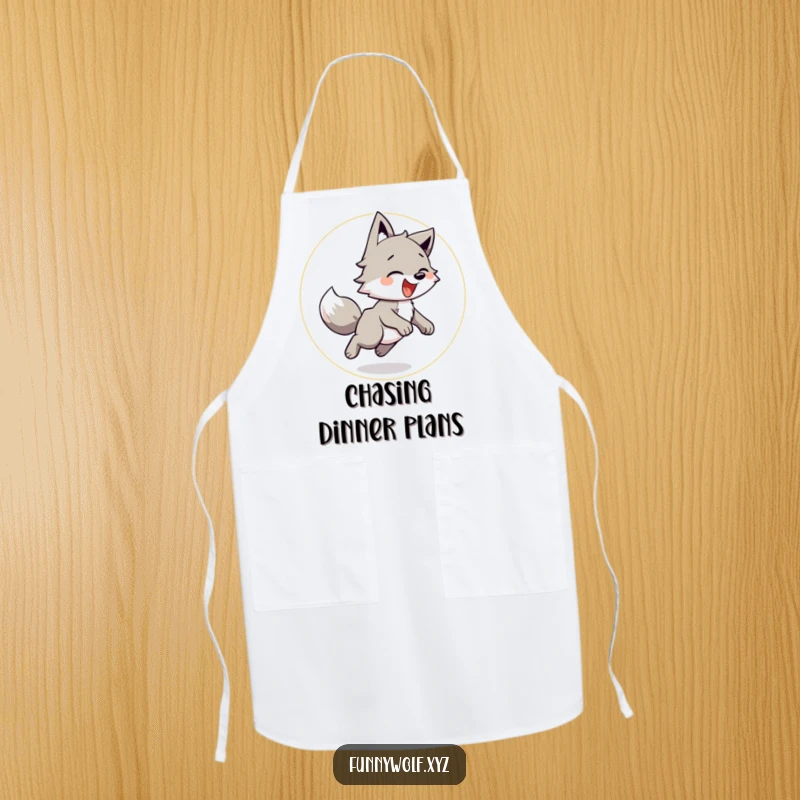 Funny Wolf Apron showing a playful wolf happily chasing its tail in a circle, ideal for kitchen fun and lightheartedness.