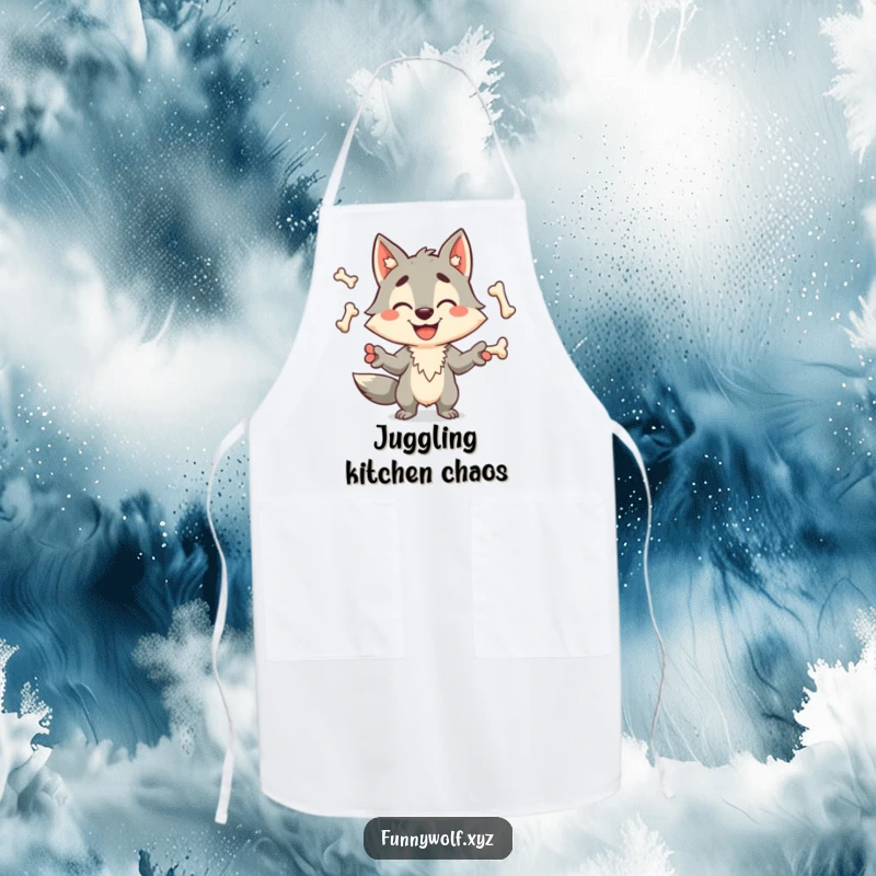 Funny wolf apron featuring a happy, grinning wolf character expertly juggling bones, ideal for humorous and practical kitchen protection.