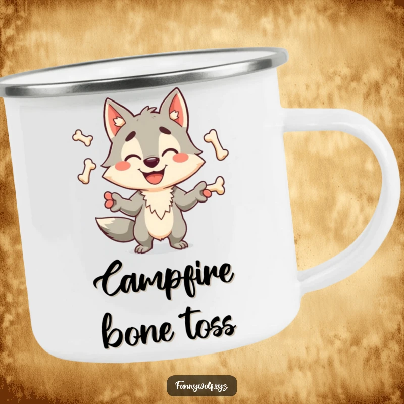 Funny wolf camping mug depicting a happy, grinning wolf character skillfully juggling bones, perfect for enjoying drinks outdoors with humor.