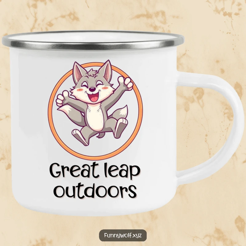 Funny wolf camping mug featuring an energetic wolf leaping through a hoop with a triumphant pose, perfect for outdoor celebrations.
