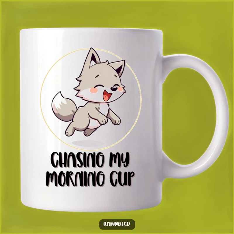 Funny Playful Wolf Mug: Joyful Tail Chase Gift for Wolf Lovers