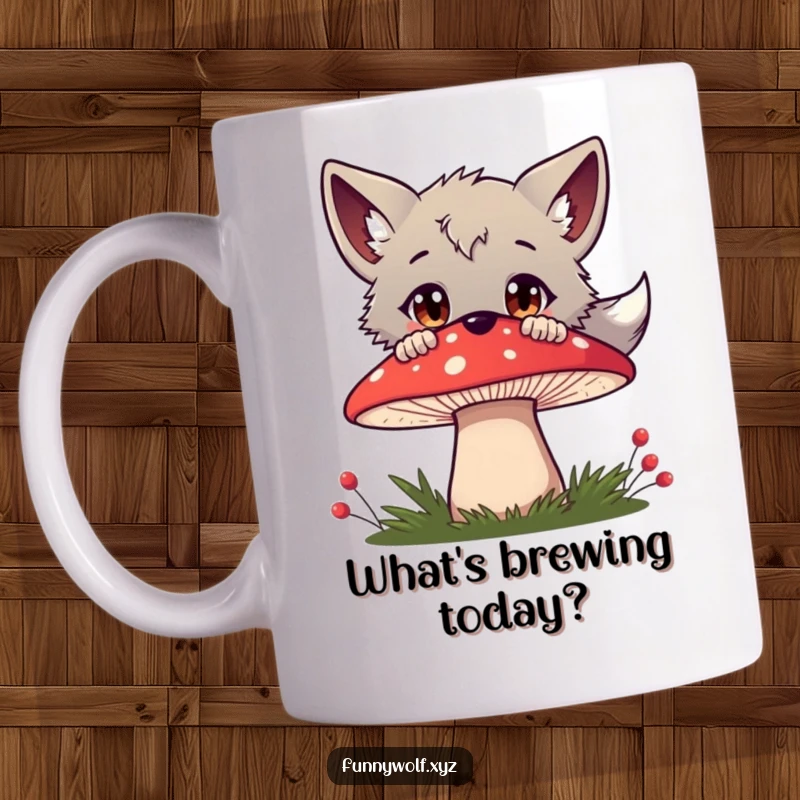Funny wolf mug with a curious character peeking over a large red mushroom, wide-eyed and full of wonder, exploring the forest floor.