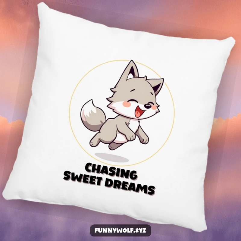 Funny Wolf Pillow illustrating a playful wolf chasing its tail in a joyful circle, offering plush comfort and comedic relief.