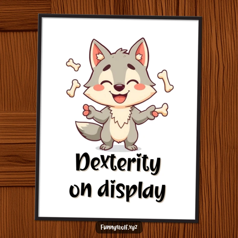 Funny wolf digital art print of a happy, grinning wolf character expertly juggling bones, offering instant humorous wall decor.