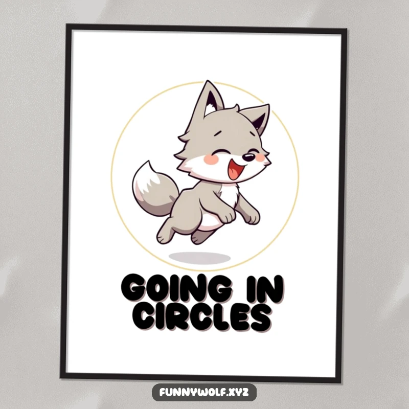 Funny Wolf Digital Art Print of a playful wolf chasing its tail in a circle, ideal for instant download and joyful decor.