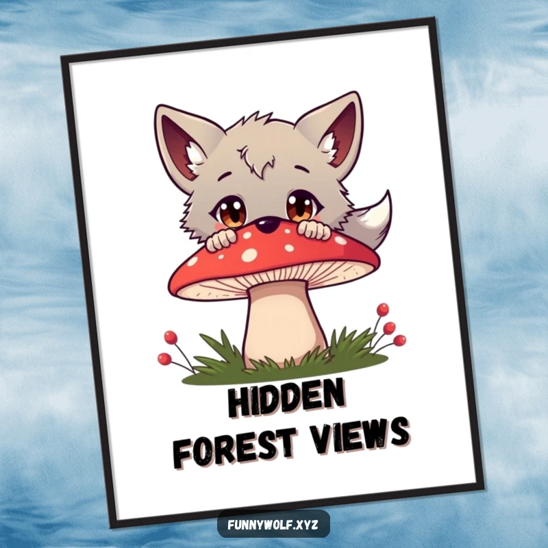 Funny wolf digital art print of a curious wolf peeking over a red mushroom, wide-eyed and full of wonder, for enchanting decor.