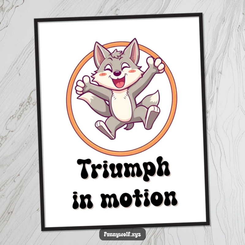 Funny wolf digital art print of an energetic wolf leaping through a hoop with a triumphant stance, capturing peak athletic achievement.