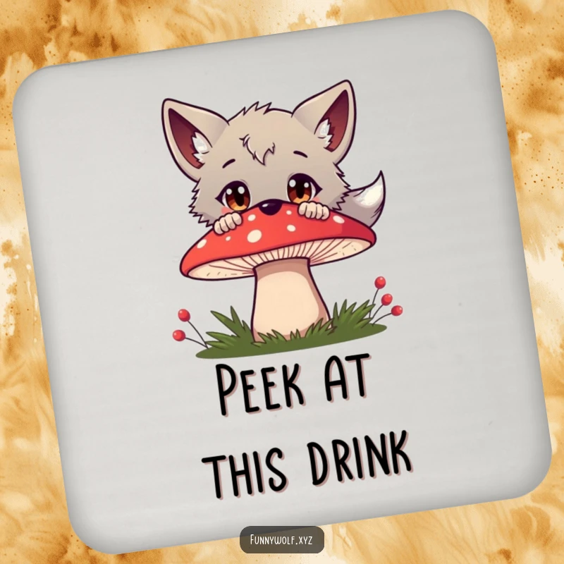 Funny wolf drink coaster with a curious wolf peeking over a mushroom, wide eyes bringing a touch of forest charm to table protection.