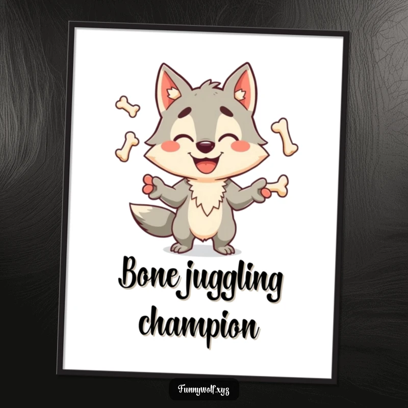 Funny wolf poster showing a happy, grinning canine character dexterity juggling multiple bones, adding a humorous touch to wall decor.