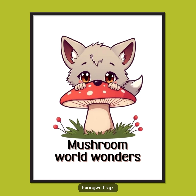 Funny Curious Wolf Mushroom Poster - Whimsical Wall Art & Enchanting Gift