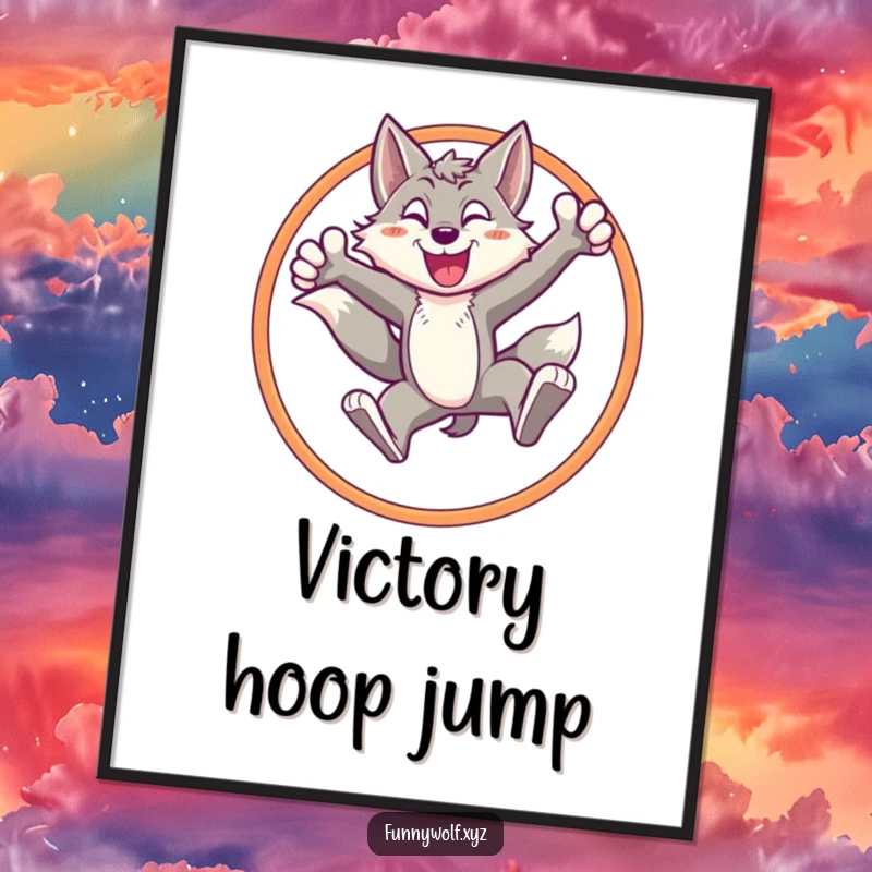 Funny wolf poster depicting an energetic wolf mid-air, leaping through a hoop with a triumphant and victorious expression, full of motion.