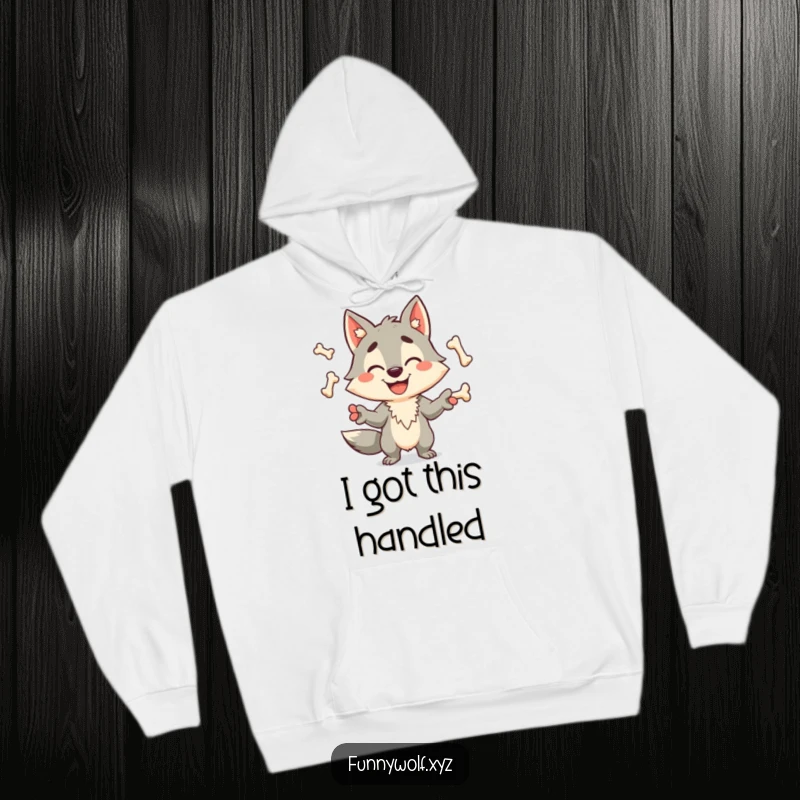 Funny wolf hoodie depicting a cheerful, grinning wolf character with amazing skill juggling multiple bones, perfect for cozy humor.