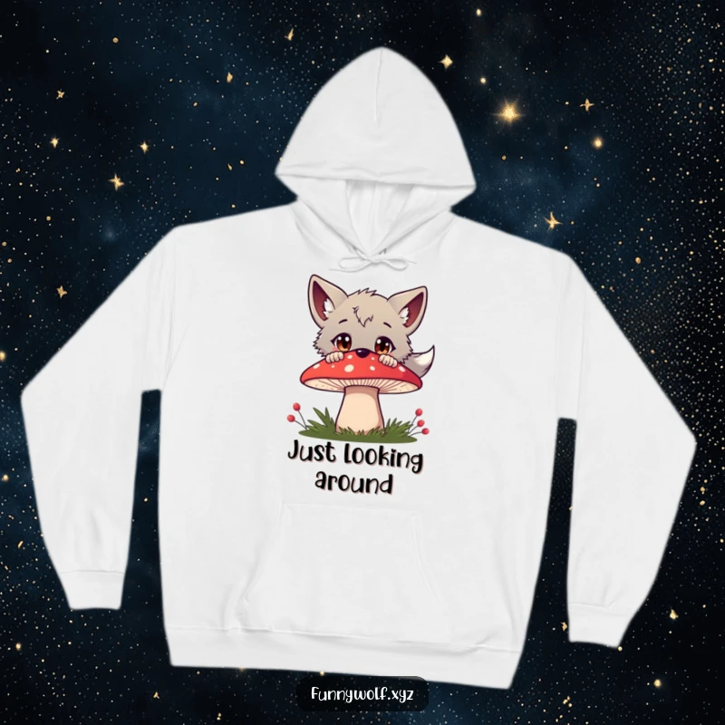 Funny wolf hoodie featuring a curious wolf peeking over a large red mushroom with wide, inquisitive eyes, perfect for cozy exploration.