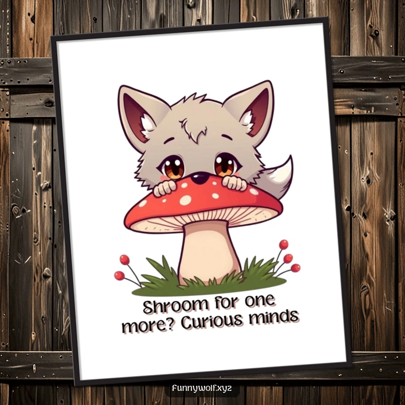 Free Printable Wall Art: A curious wolf with big eyes peeks over a bright red mushroom.