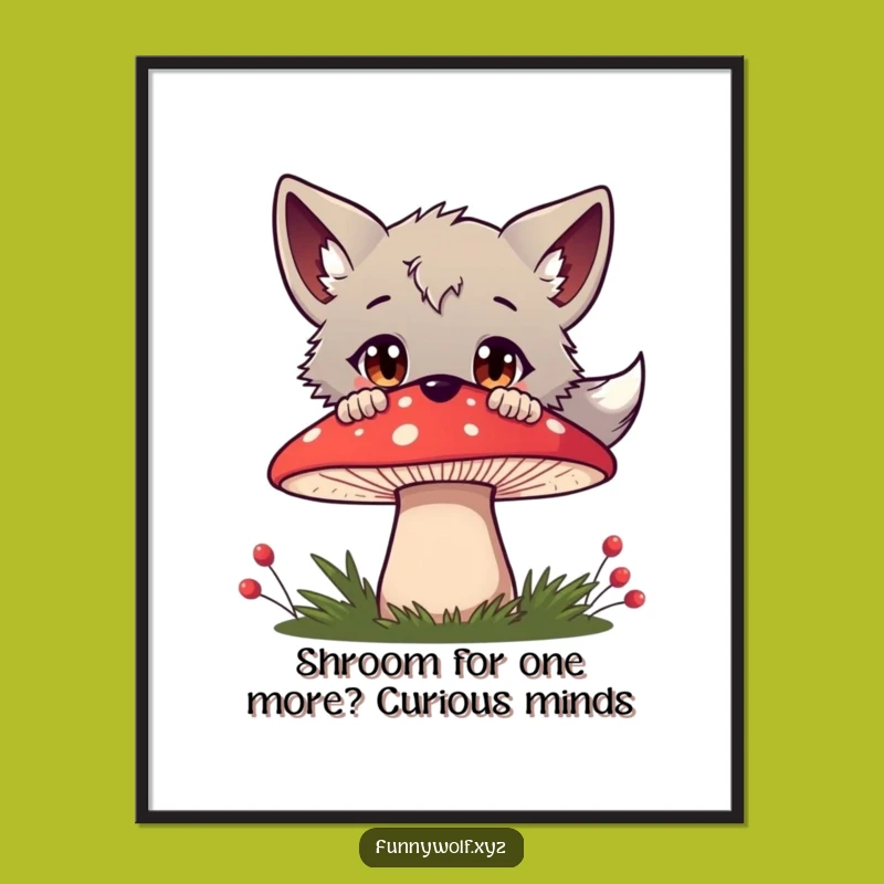 Cute Free Printable Wall Art: Curious Wolf Peeking Mushroom Wonder