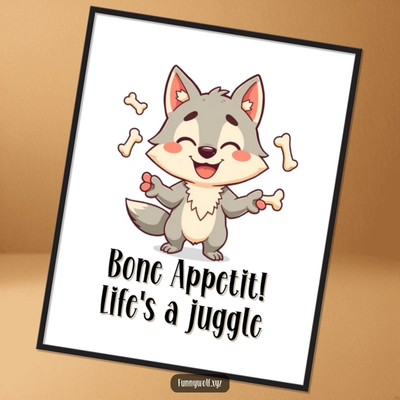 Funny Free Printable Wall Art: A wolf with a grin expertly juggles multiple bones with flair.