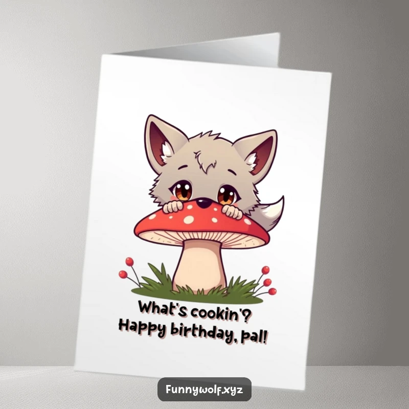 Free Printable Birthday Card: A curious wolf with wide eyes peeks over a large red mushroom.
