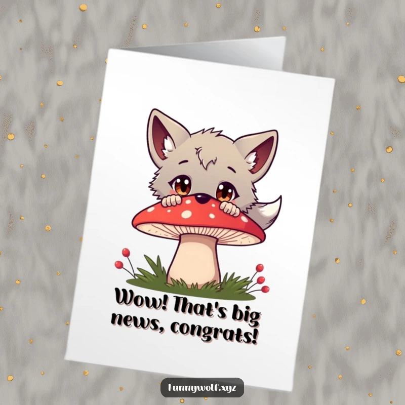 Free Printable Congratulations Card: A curious wolf peeks wide-eyed over a vibrant red mushroom.