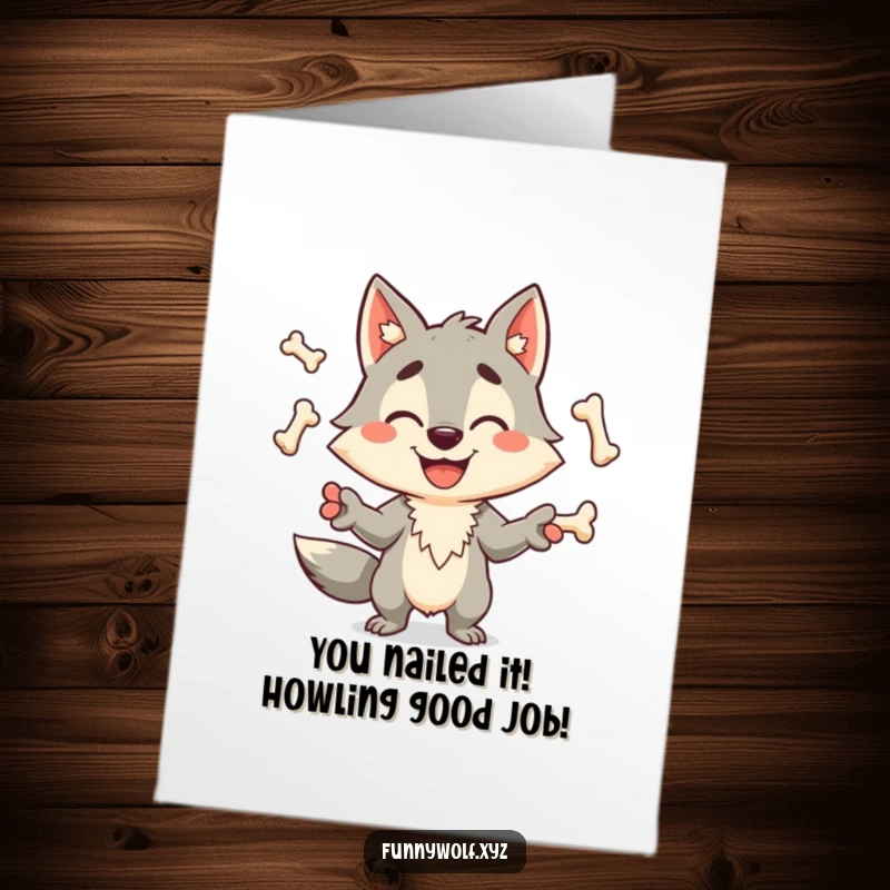 Free Printable Congratulations Card: A happy wolf juggles bones effortlessly, celebrating your success.