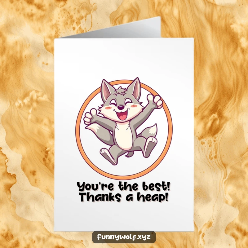 Free Printable Thank You Card: An energetic wolf achieves a triumphant stance leaping through a hoop.