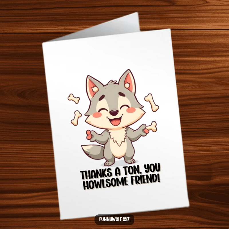 Funny Free Printable Thank You Card: A grinning wolf masterfully juggles bones to say thanks.