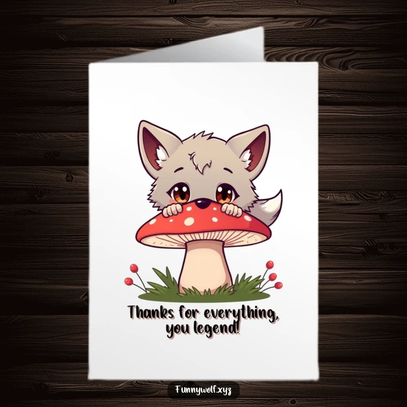Free Printable Thank You Card: A curious wolf with wide eyes peeks from behind a red mushroom.