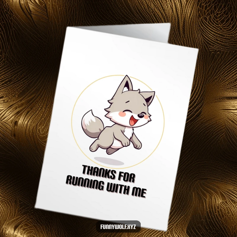 Funny free printable thank you card: A wolf gleefully chasing its tail in a circle, expressing thanks with playful energy and a happy heart.