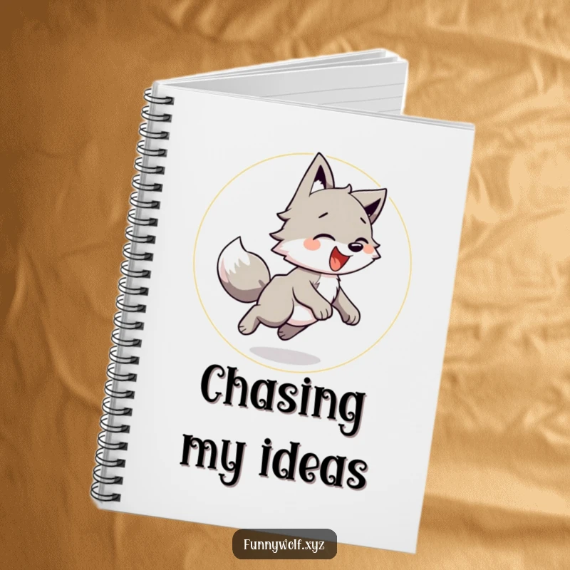 Funny Wolf Notebook with a playful wolf chasing its tail, perfect for jotting down thoughts with humorous inspiration.