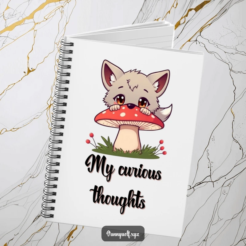 Funny wolf notebook with a curious wolf peeking over a mushroom, wide eyes inviting you to fill its pages with thoughts.