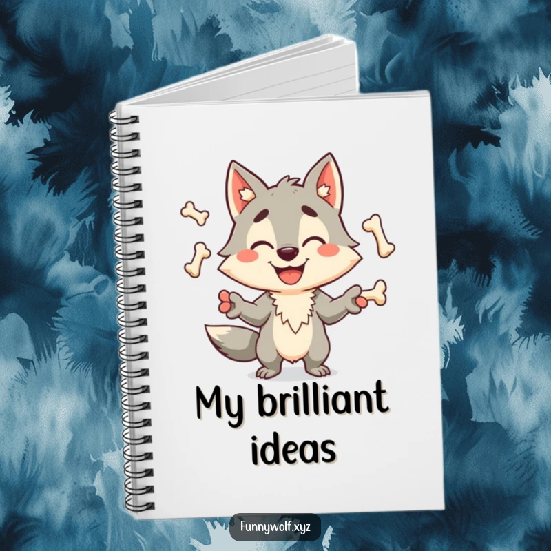 Funny wolf notebook showing a happy, grinning wolf character deftly juggling bones, ideal for jotting down humorous ideas and notes.