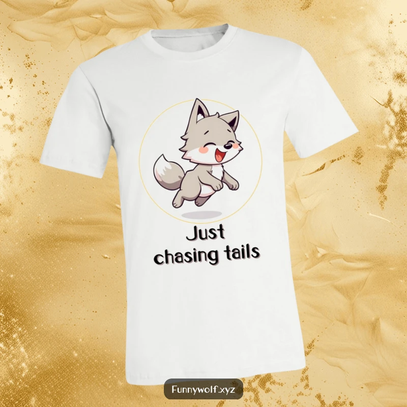 Funny Wolf T-Shirt depicting a playful wolf happily chasing its tail in a circular motion, exuding pure delight.