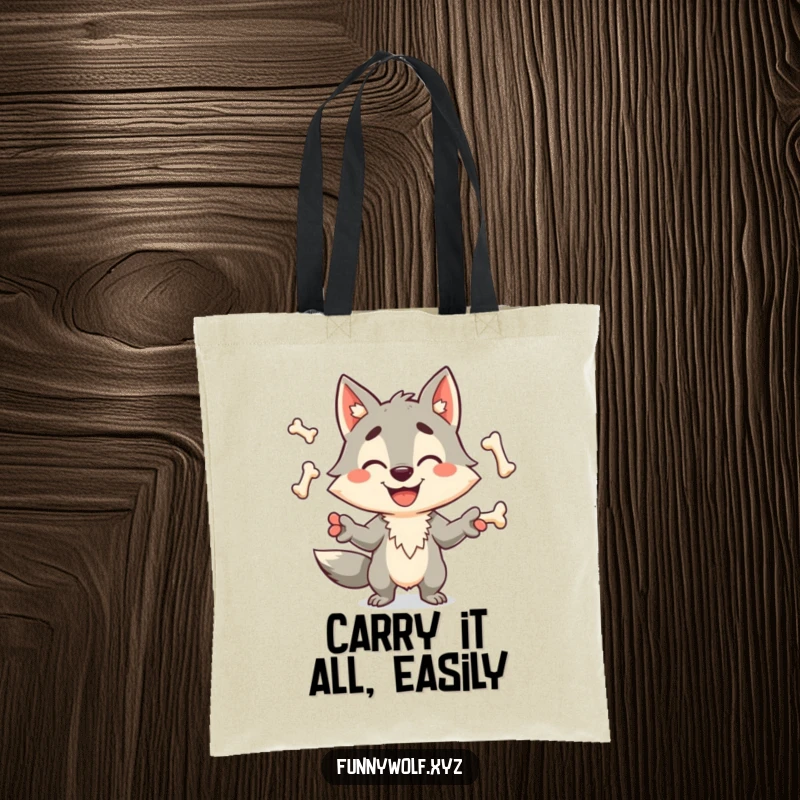 Funny wolf tote bag featuring a happy, grinning wolf character impressively juggling several bones, ideal for stylish, humorous carrying.