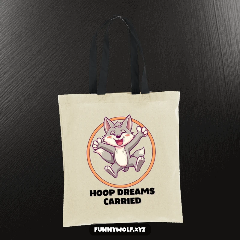 Funny wolf tote bag with an energetic wolf character leaping through a hoop, embodying success and active living, perfect for errands.